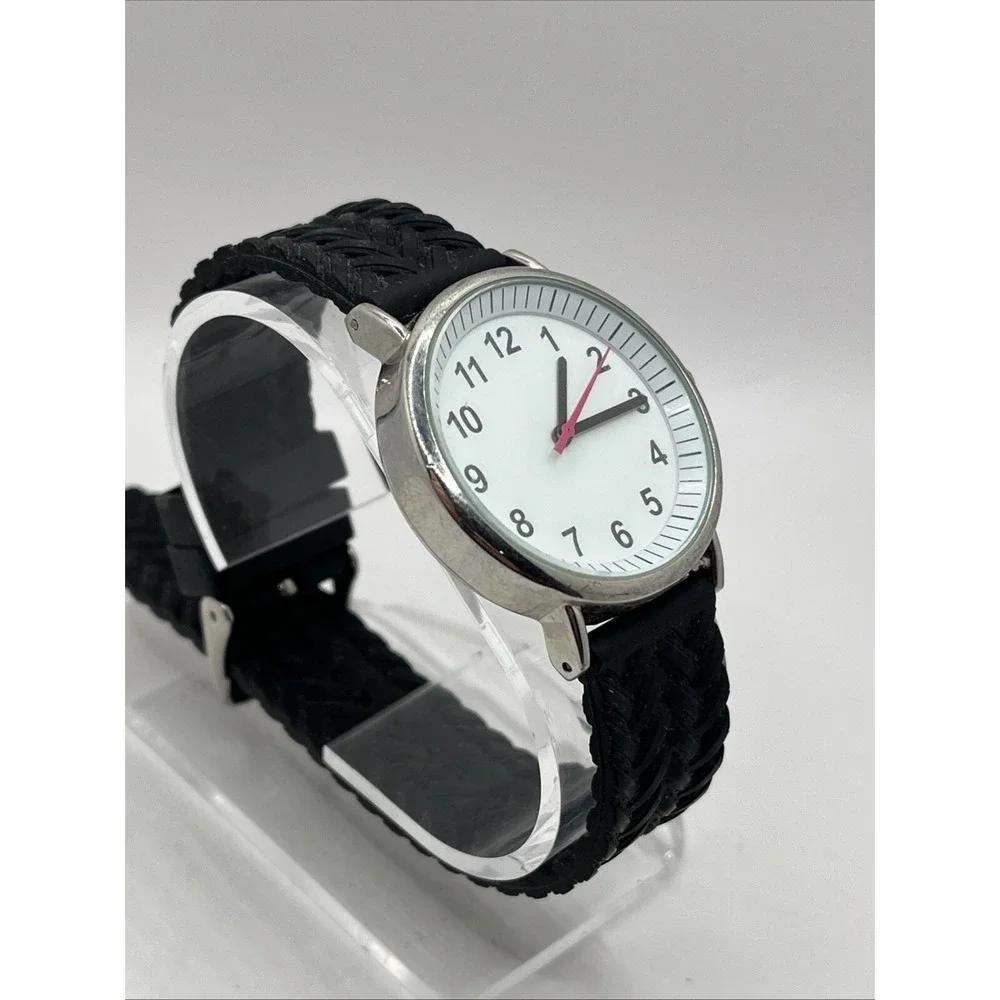 Women's Quartz Watch Black Textured Silicone Band Silver‎ 36mm Case- New Battery